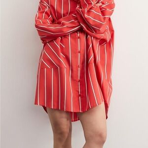 ISO Red Striped Button-Up Shirt Dress